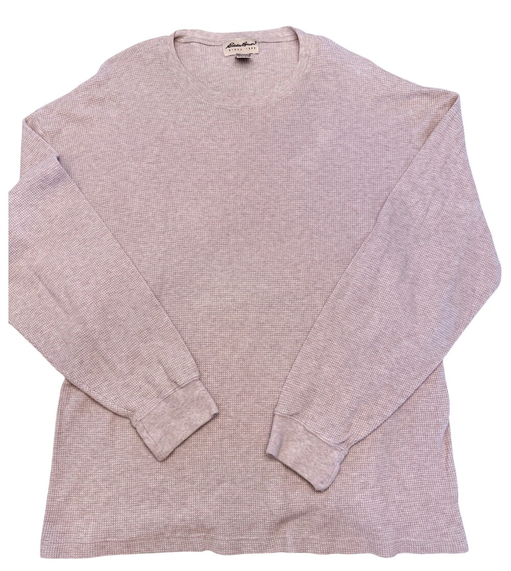 Eddie Bauer Men’s L Waffle Knit Thermal Shirt Taupe Gray 100% Cotton Long Sleeve